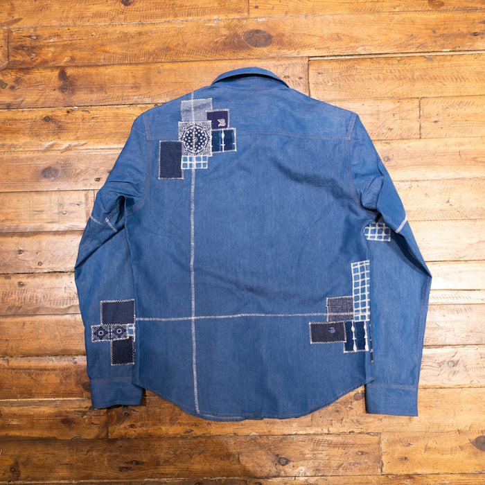 AK/PR/LOT1/SHRT013 Shirt Pattern 4 Light Blue Cotton Patchwork Shirt with Two Flap Pockets - INDIGO