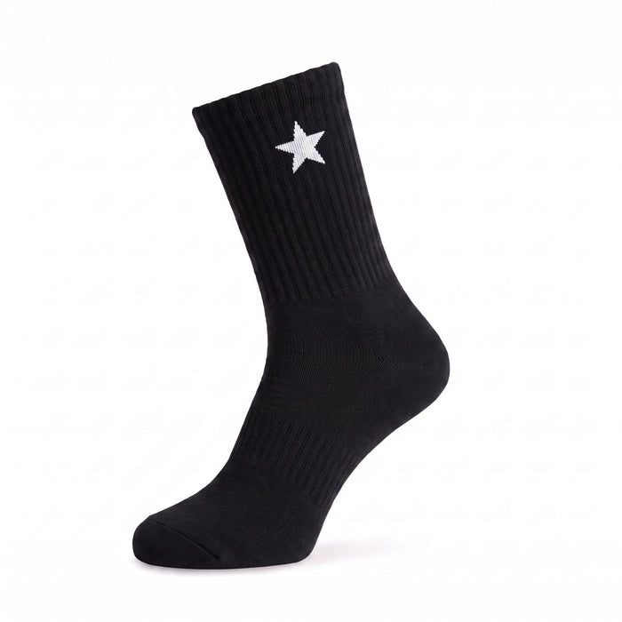 Side view of Black Crew Socks with a white star design, featuring breathable knit and moisture-wicking comfort.