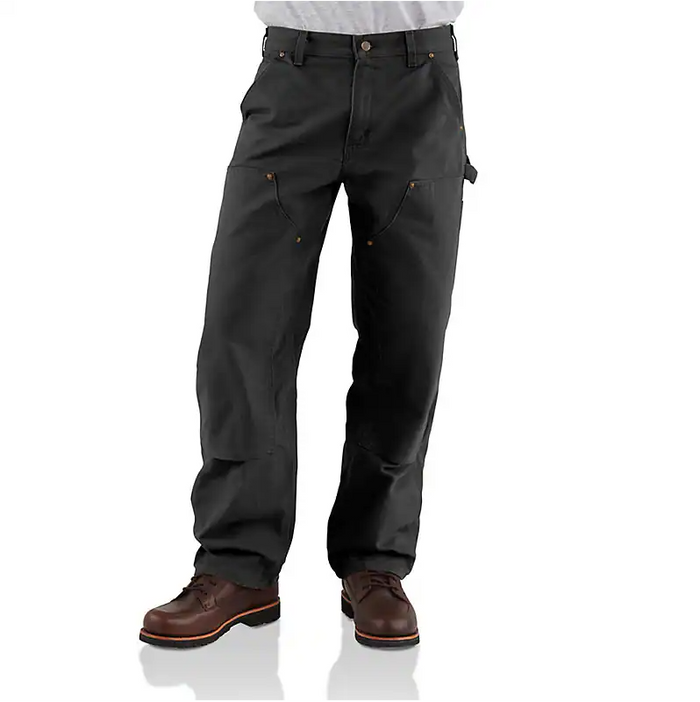 LOOSE STRAIGHT WASHED DUCK DOUBLE-FRONT DUNGAREE WORK PANTS - BLACK