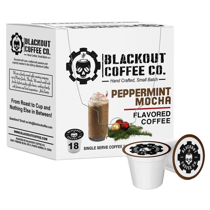 PEPPERMINT MOCHA FLAVORED COFFEE PODS 18CT Blackouut Coffee