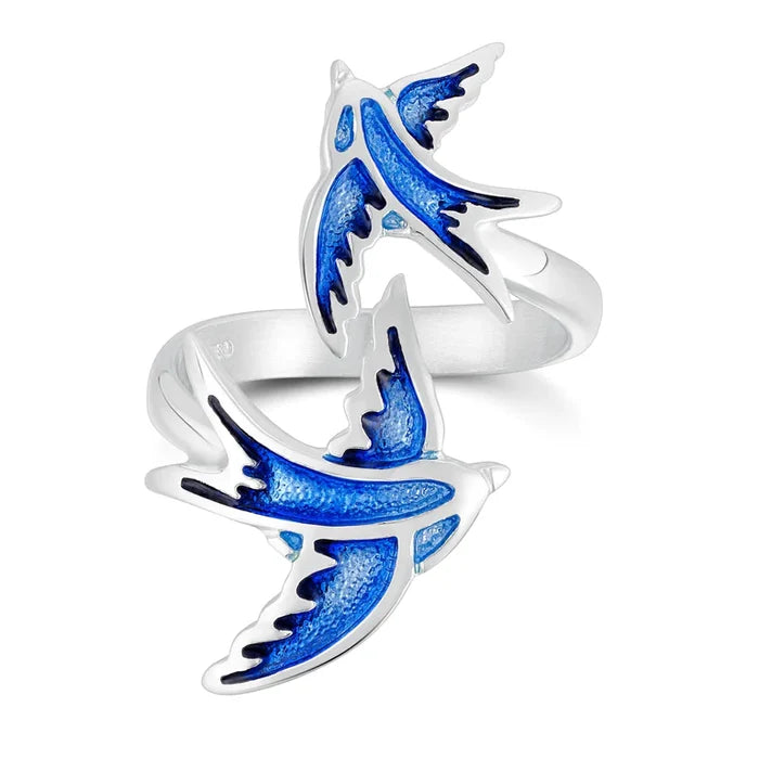 Sheila Fleet Swallows Silver 2-bird Ring in Sapphire Enamel (ERX198-SAPHR)