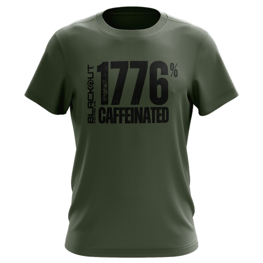 Green t-shirt with black text '1776% Caffeinated'