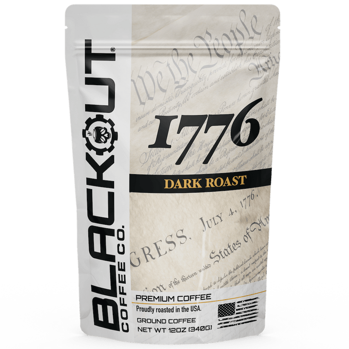 Coffee package with 'Blackout Coffee Co.' branding and '1776 Dark Roast' text