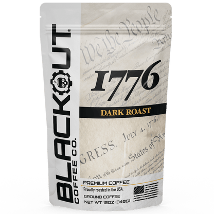 Coffee package with 'Blackout Coffee Co.' branding and '1776 Dark Roast' text