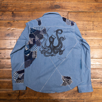 AK/PR/LOT1/SHRT017 Shirt Pattern 4 Repaired Handpainted Octopus Seafarer Shirt with Heavy Patchwork (Light ) - INDIGO