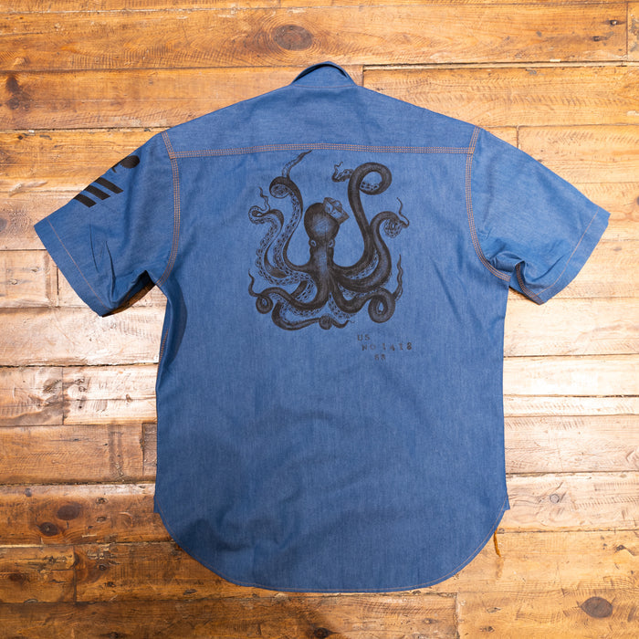 AK/PR/LOT1/SHRT031 Shirt Pattern 3 Half Sleeve Cotton Shirt with Handpainted Octopus Seafarer and Eagle Stripe  - INDIGO