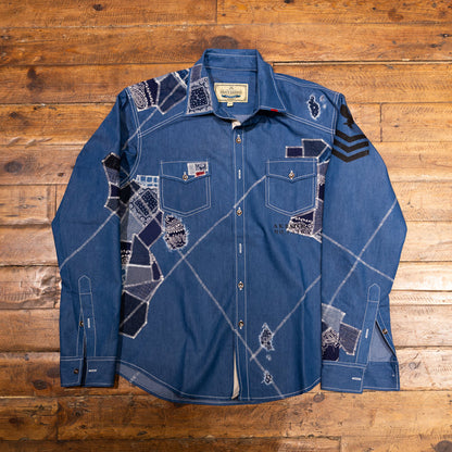 AK/PR/LOT1/SHRT035 Shirt Pattern 4 Repaired Handpainted Octopus Seafarer Shirt with Heavy Patchwork (Dark)  - INDIGO