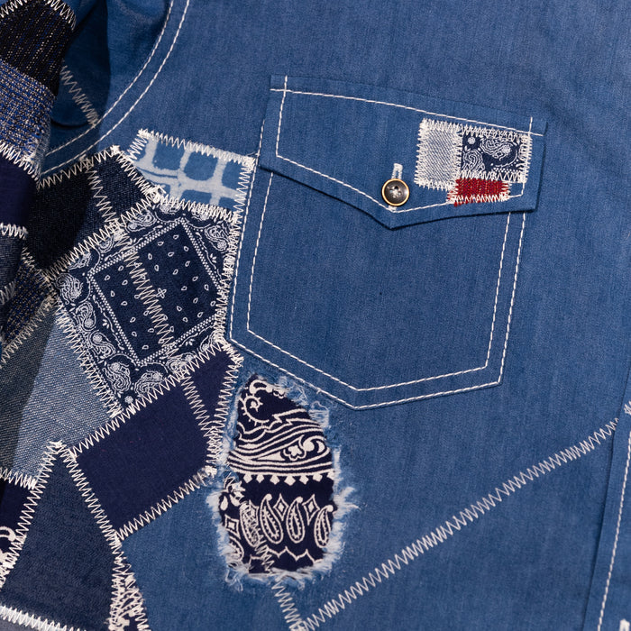 AK/PR/LOT1/SHRT035 Shirt Pattern 4 Repaired Handpainted Octopus Seafarer Shirt with Heavy Patchwork (Dark)  - INDIGO