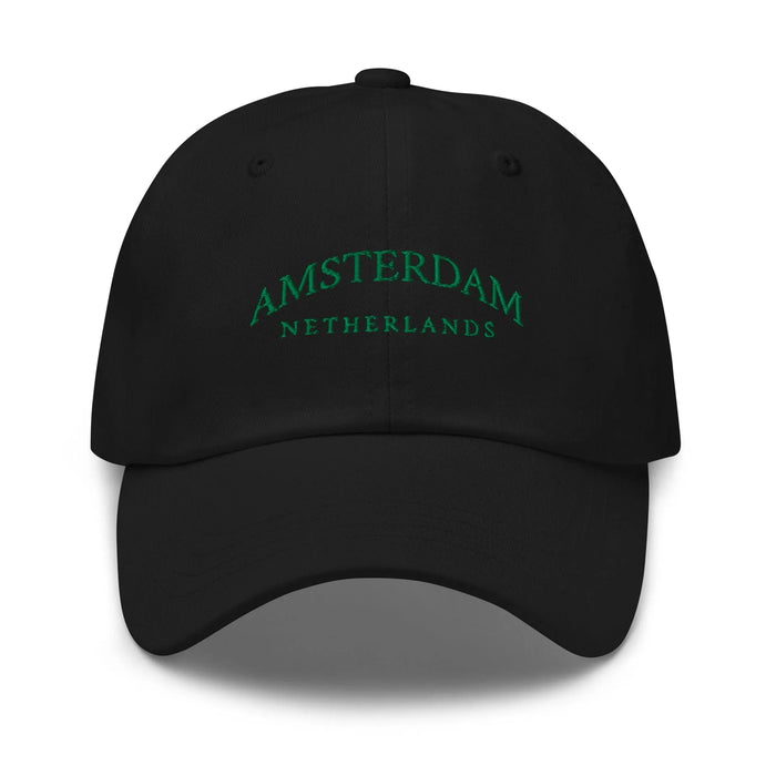 Black Dad Hat featuring Amsterdam embroidery - a sleek and versatile casual hat for urban adventures and relaxed outing.