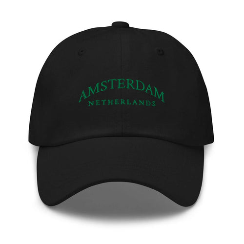 Black Dad Hat featuring Amsterdam embroidery - a sleek and versatile casual hat for urban adventures and relaxed outing.