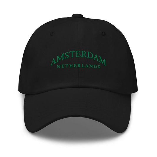 Black Dad Hat featuring Amsterdam embroidery - a sleek and versatile casual hat for urban adventures and relaxed outing.
