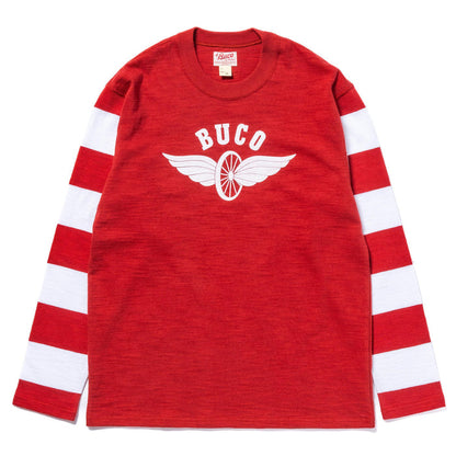 BC25001 BUCO STRIPED SLEEVE TEE / FLYING WHEEL - WHITE/CHERRY