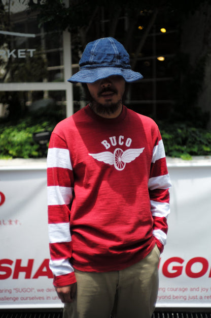 BC25001 BUCO STRIPED SLEEVE TEE / FLYING WHEEL - WHITE/CHERRY