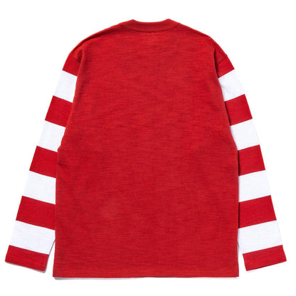 BC25001 BUCO STRIPED SLEEVE TEE / FLYING WHEEL - WHITE/CHERRY