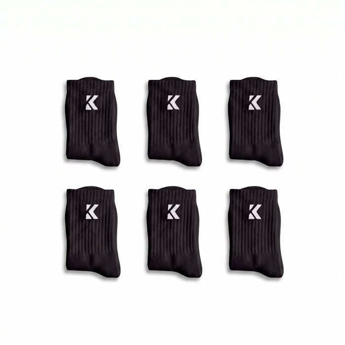 Black crew socks 6 pack with cushioned soles, arch support and breathable knit.