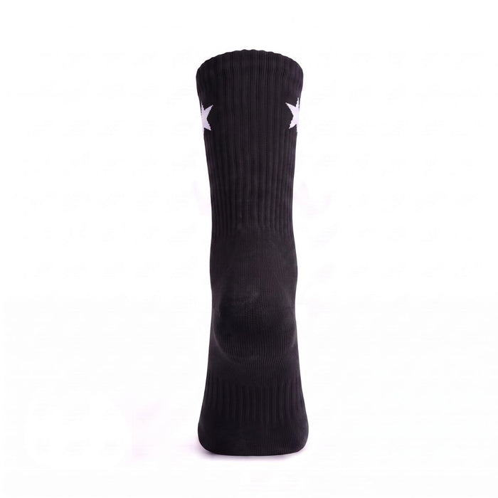 Rear view of Black Crew Socks highlighting the ribbed crew leg and cushioned construction.
