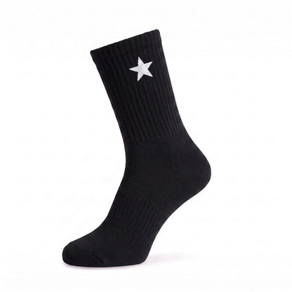 Side view of Black Crew Socks with a white star design, featuring breathable knit and moisture-wicking comfort.