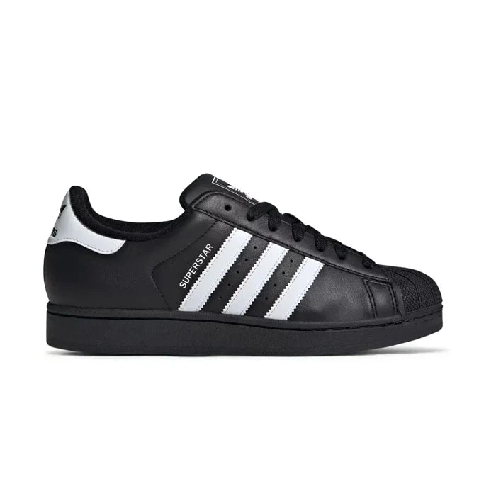 Black replacement laces on adidas Superstar black and white sneakers by Kicks Shoelaces