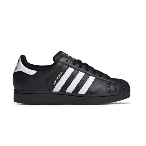 Black replacement laces on adidas Superstar black and white sneakers by Kicks Shoelaces