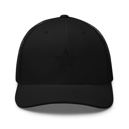 Black truckers cap with an embroidered black star, structured front, mesh back, and adjustable fit by Kicks Shoelaces