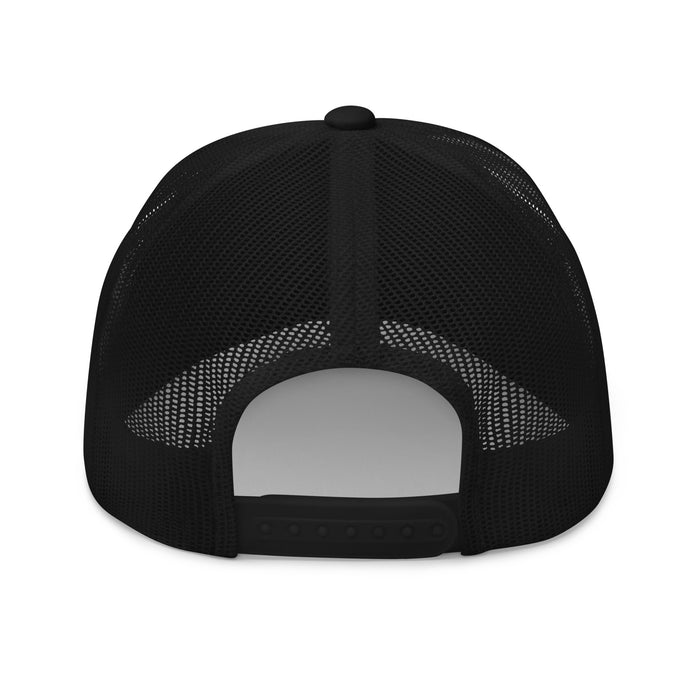 Rear view of black truckers cap with black star, adjustable snapback closure