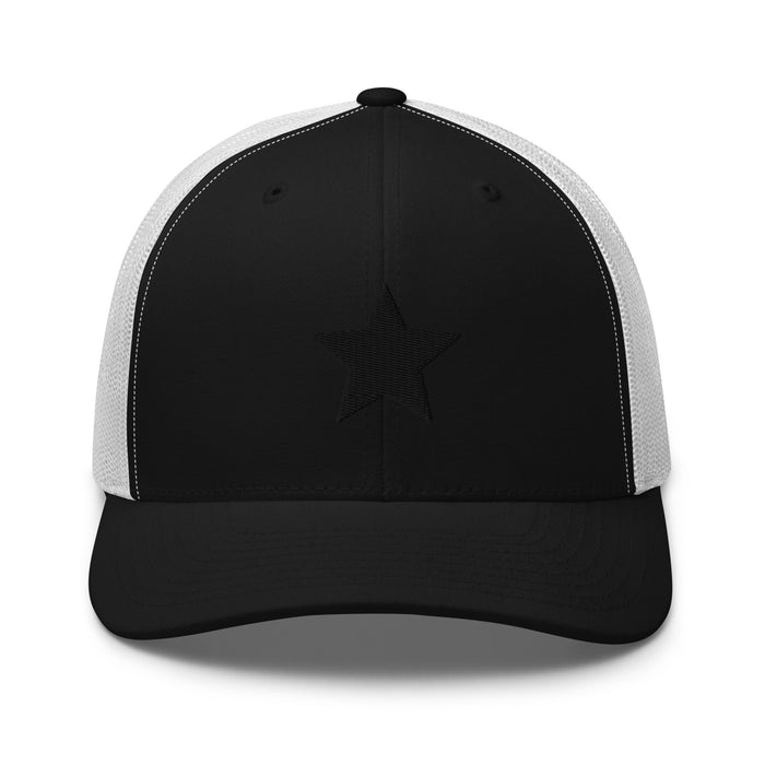 Black and white truckers cap with an embroidered black star, structured front, mesh back, and adjustable fit by Kicks Shoelaces
