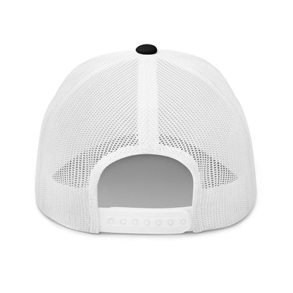 Rear view of black and white truckers cap with black star, adjustable snapback closure