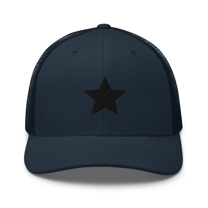 Navy truckers cap with an embroidered black star, structured front, mesh back, and adjustable fit by Kicks Shoelaces