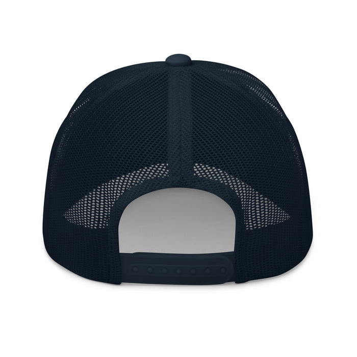 Rear view of navy truckers cap with black star, adjustable snapback closure
