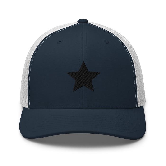 navy and white truckers cap with an embroidered black star, structured front, mesh back, and adjustable fit by Kicks Shoelaces