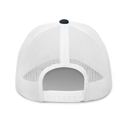 Rear view of navy and white truckers cap with black star, adjustable snapback closure