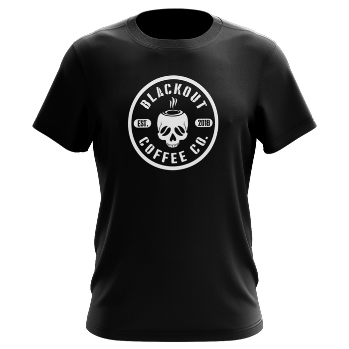 Black t-shirt with 'Blackout Coffee Co.' logo on a black background