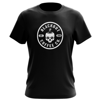 Black t-shirt with 'Blackout Coffee Co.' logo on a black background