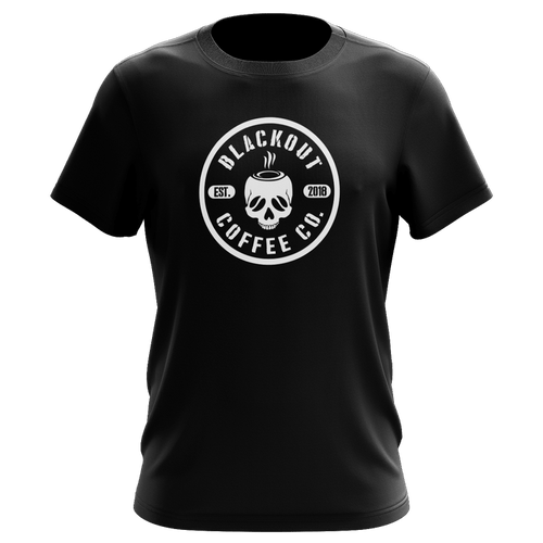 Black t-shirt with 'Blackout Coffee Co.' logo on a black background