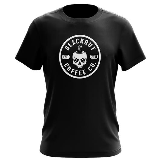 Black t-shirt with 'Blackout Coffee Co.' logo on a black background