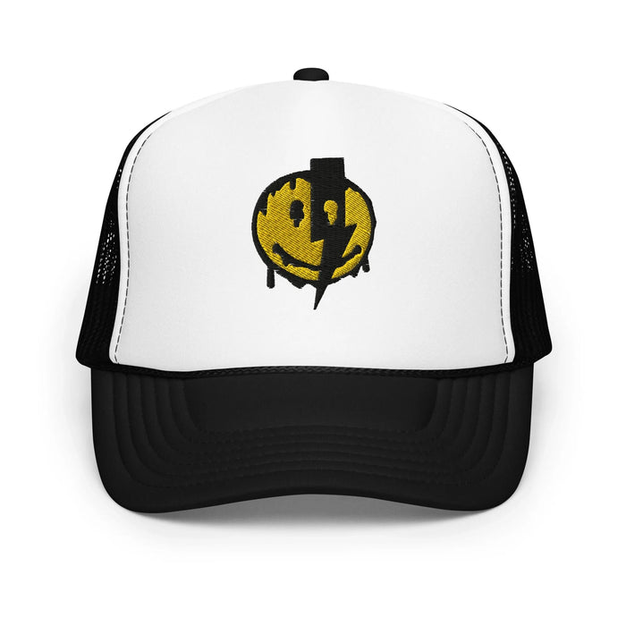 Black / White / Black / One Size Fits Most / Smiley Face Hat | Embroidered