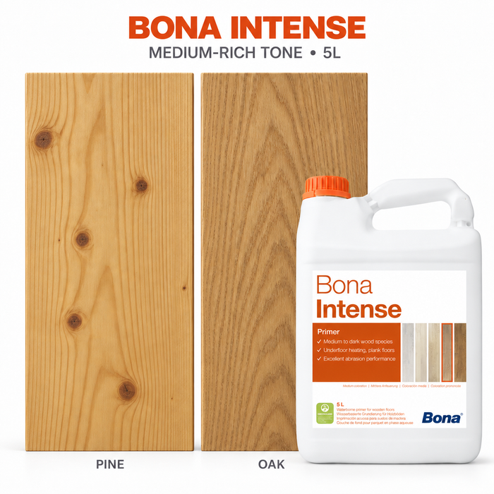 Bona Intense 5L wood floor primer with indicative medium-rich appearance shown on pine and oak
