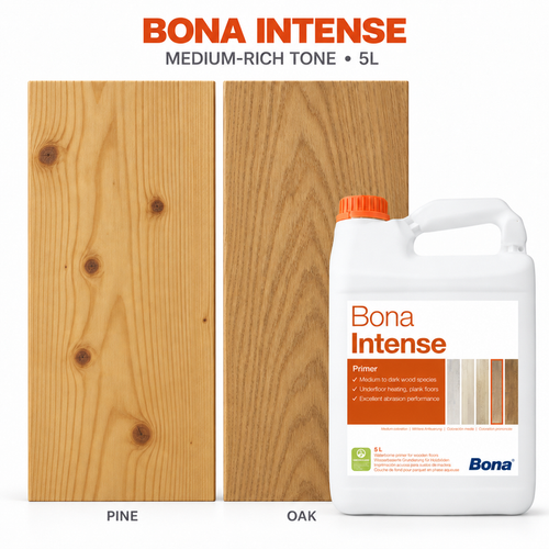 Bona Intense 5L wood floor primer with indicative medium-rich appearance shown on pine and oak