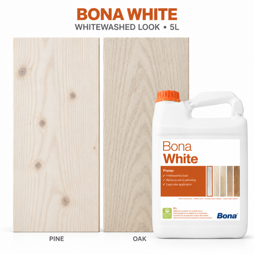 Bona White 5L wood floor primer with indicative whitewashed appearance shown on pine and oak