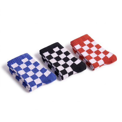 Checkered socks 3-pack crew socks in red & white, blue & white, and black & white designs