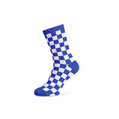 Blue and white checkered crew sock on a clean white background
