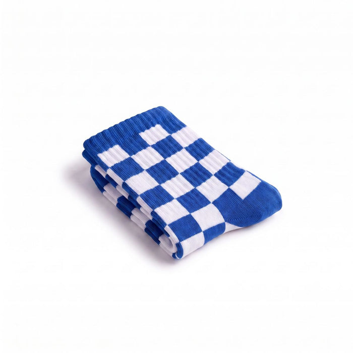 Folded blue and white checkered crew sock showing pattern detail