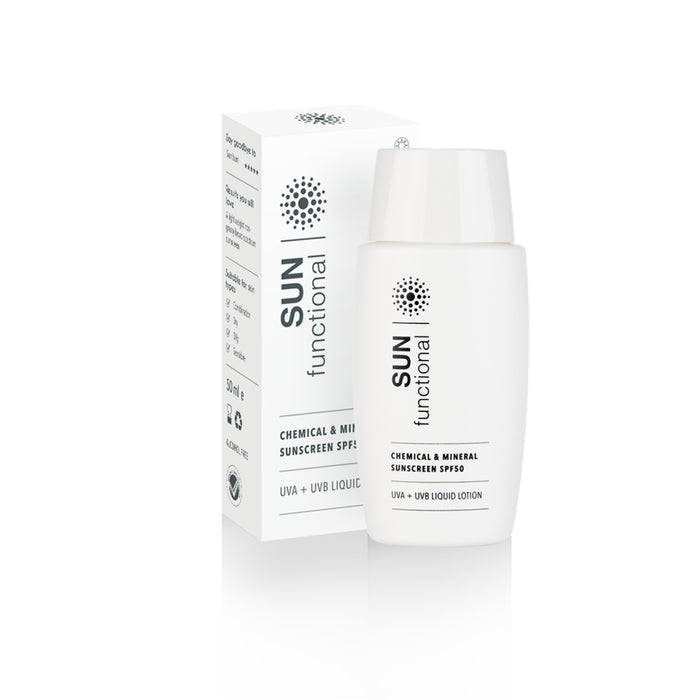 Sunscreen bottle and packaging with 'SUN functional' branding on a white background