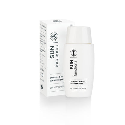 Sunscreen bottle and packaging with 'SUN functional' branding on a white background