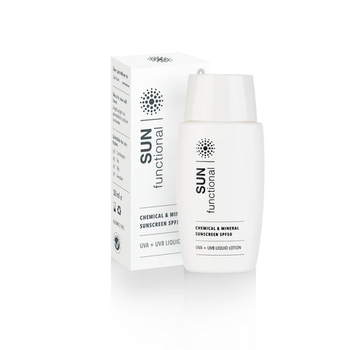 Sunscreen bottle and packaging with 'SUN functional' branding on a white background