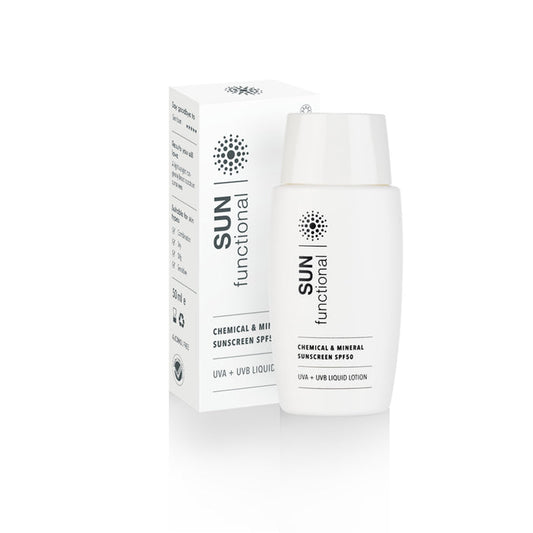 Sunscreen bottle and packaging with 'SUN functional' branding on a white background