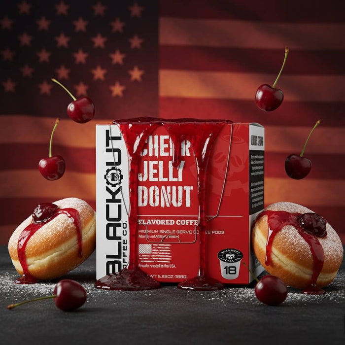 Blackout Coffee Co. Cherry Jelly Donut with donuts and cherries on a dark background.