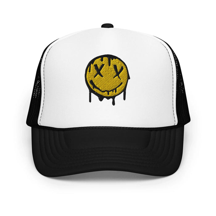 Black / White / Black / One Size Fits Most / Smiley Face Hat | Embroidered