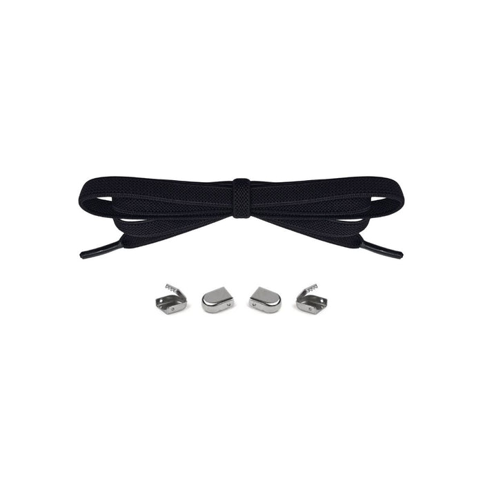 Black no-tie elastic shoelaces with buckle lock system for converting sneakers into slip-on shoes by Kicks Shoelaces.