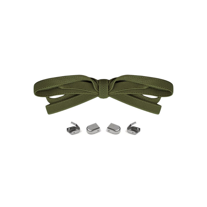 Army green no-tie elastic shoelaces with buckle lock system for converting sneakers into slip-on shoes by Kicks Shoelaces.